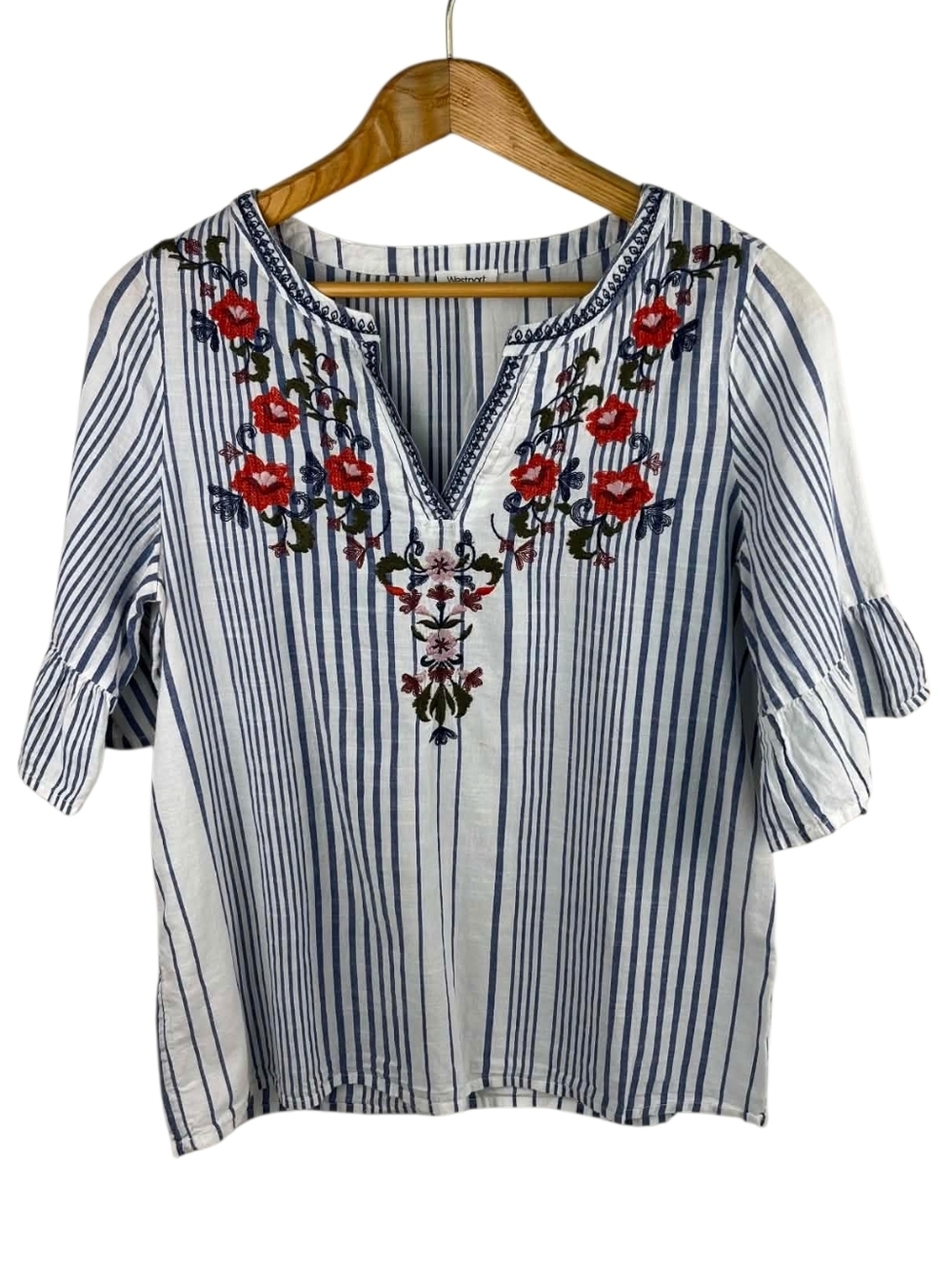 Westport Floral Embroidered Blue Striped Boho Blouse - Med . #282
